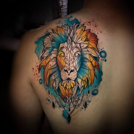 watercolor Style Leo tattoo at the back