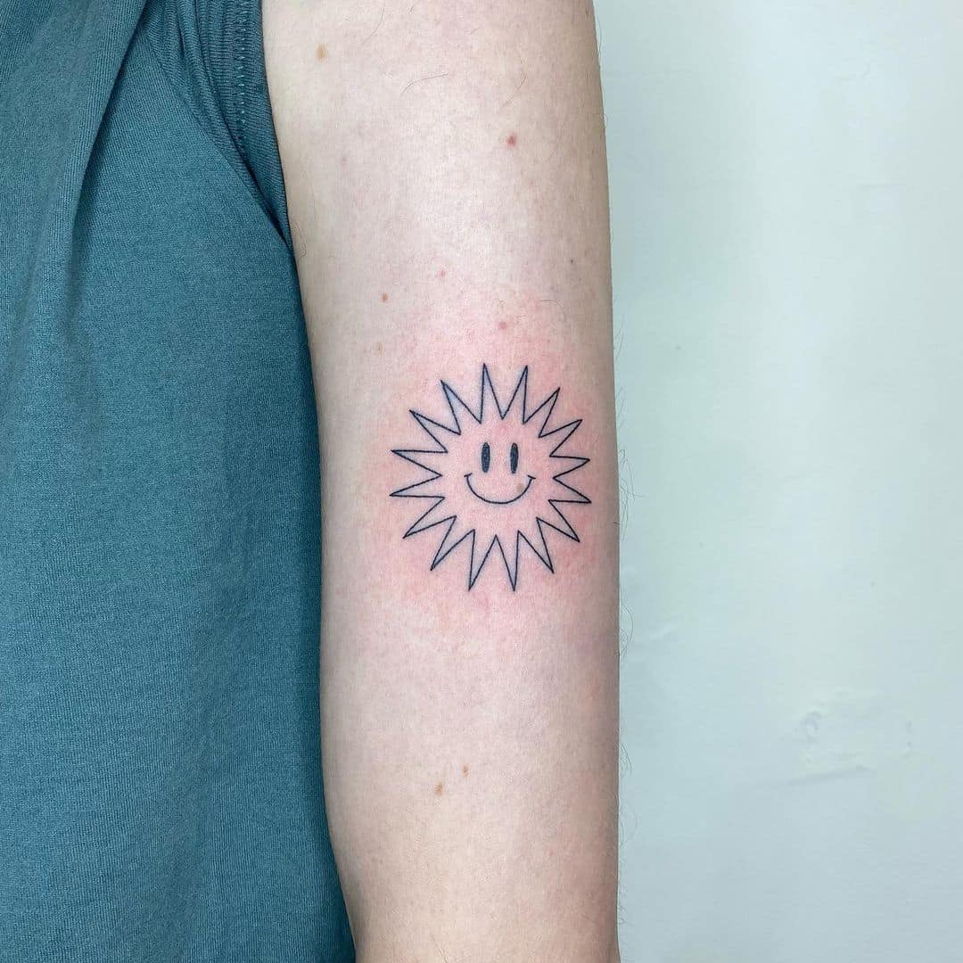 Cool cartoon tattoo symbol evil smiling SUN face Classic Round Sticker   Zazzle