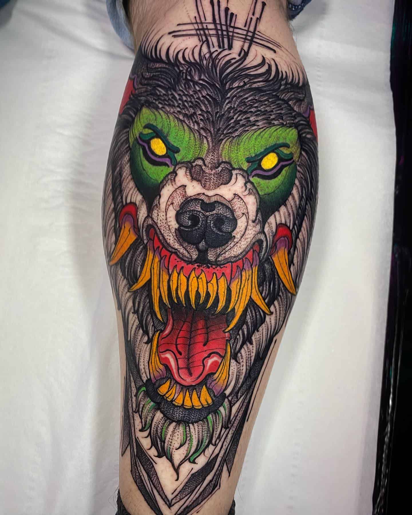 color dotwork wolf tattoo 