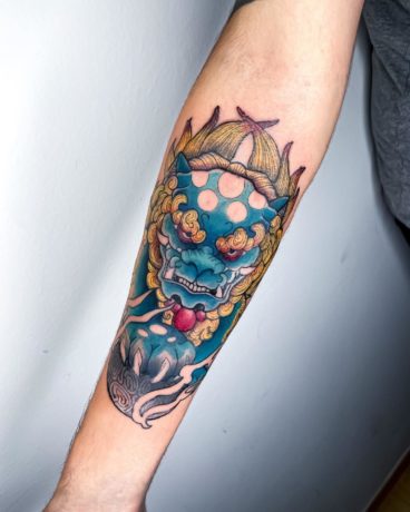 colorful asian lion tattoo