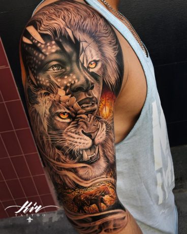 photo realistic colorful lion tattoo