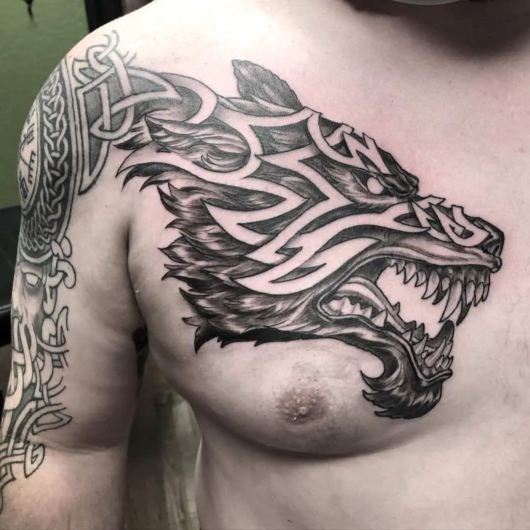deseo celtic style unique wolf tattoo on chest