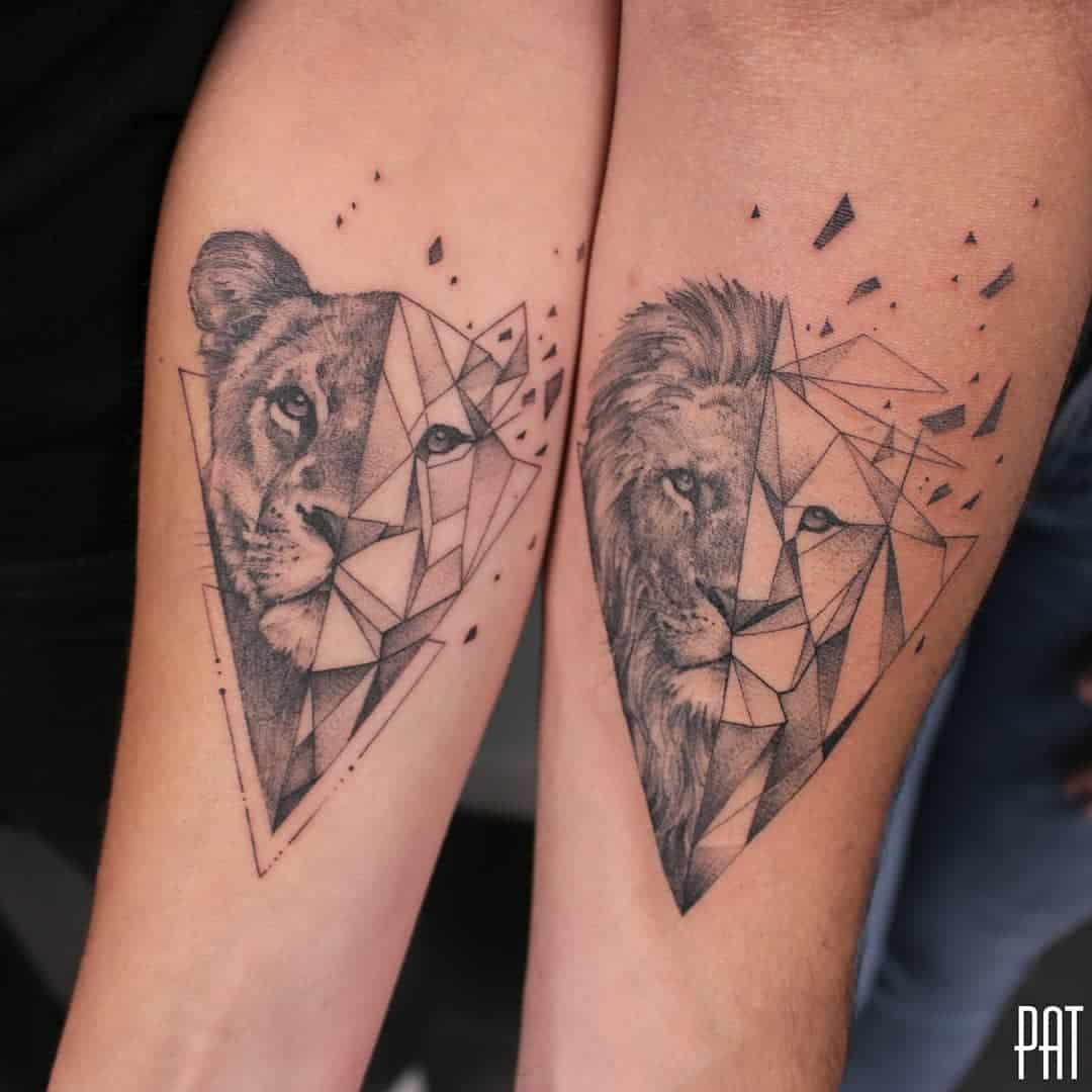 geometric couple lion tattoo