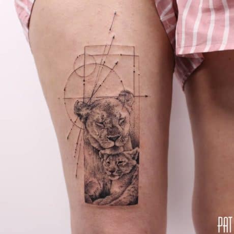 geometric lioness and cub tattoo