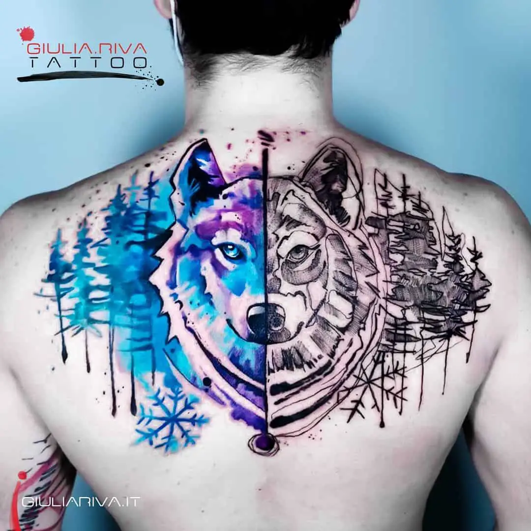 giuliariva art water color wolf tattoo on back