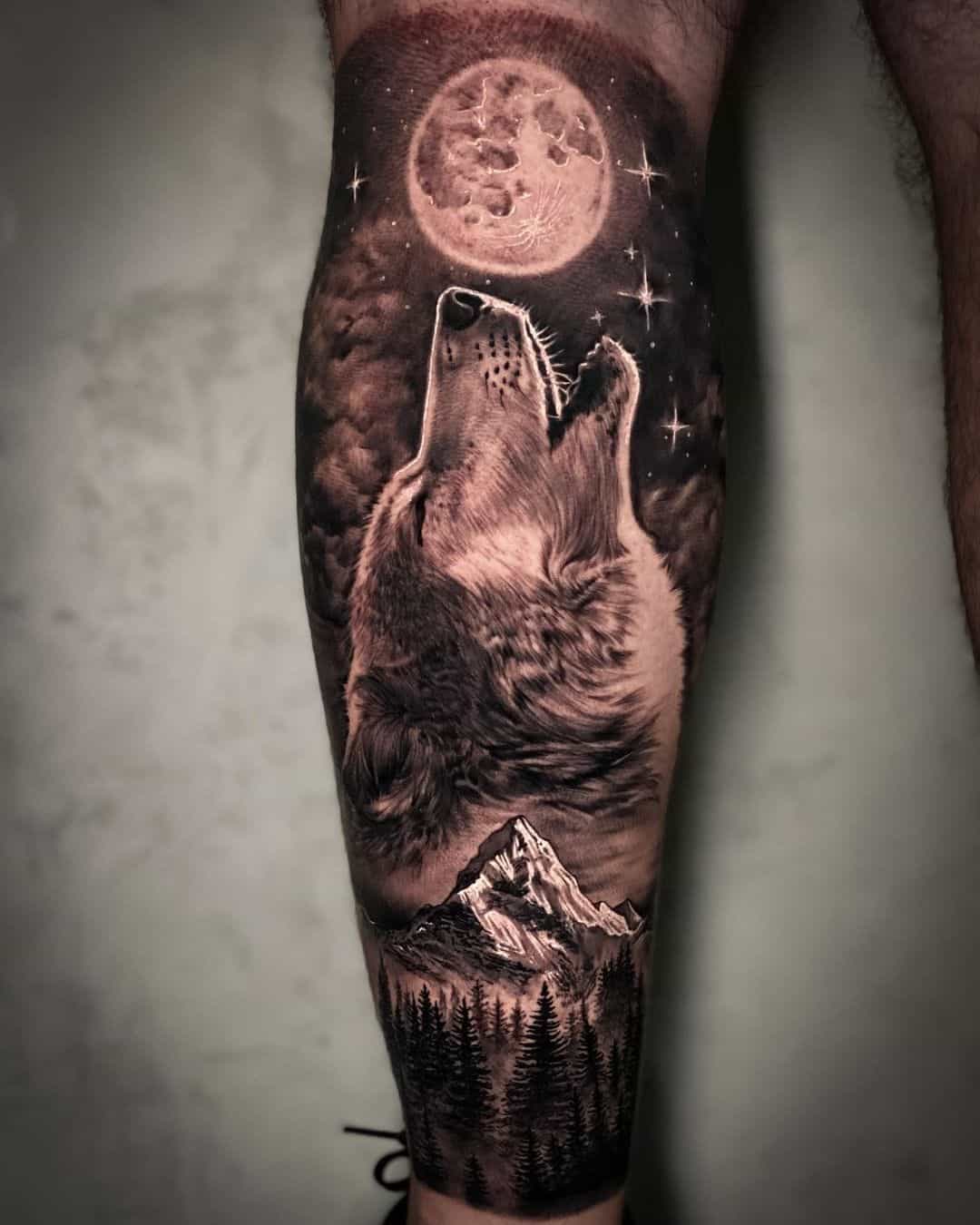 howling wolf and moon tattoo by netocoutinhotattoo