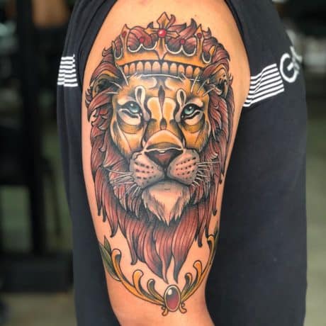 neo traditional lion tattoo on arms
