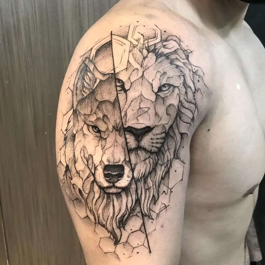 lion and wolf face tattoo by