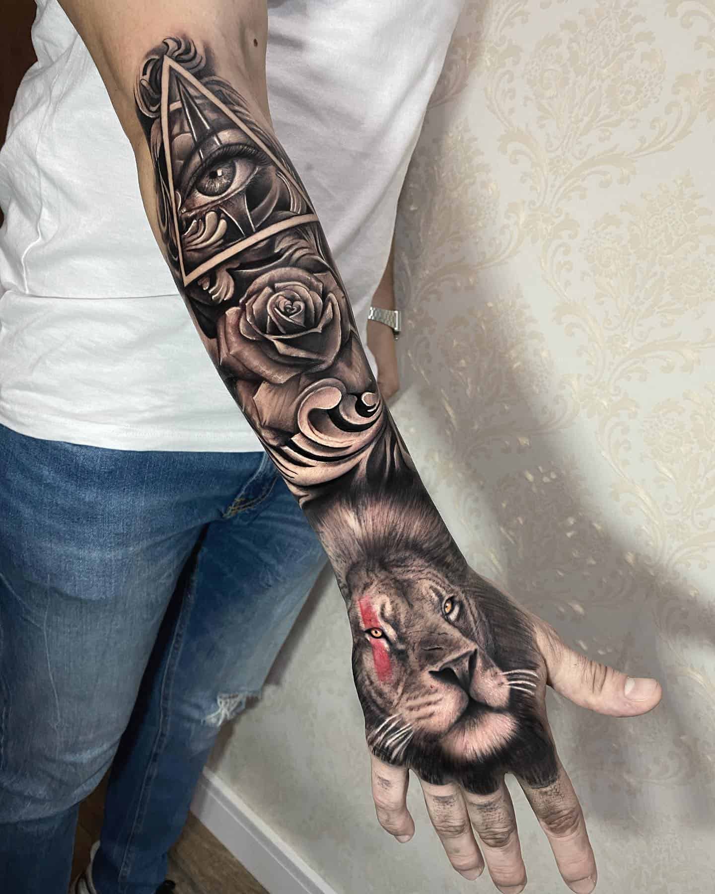 lion sleeve tattoo by gabrielsouza.tattoo