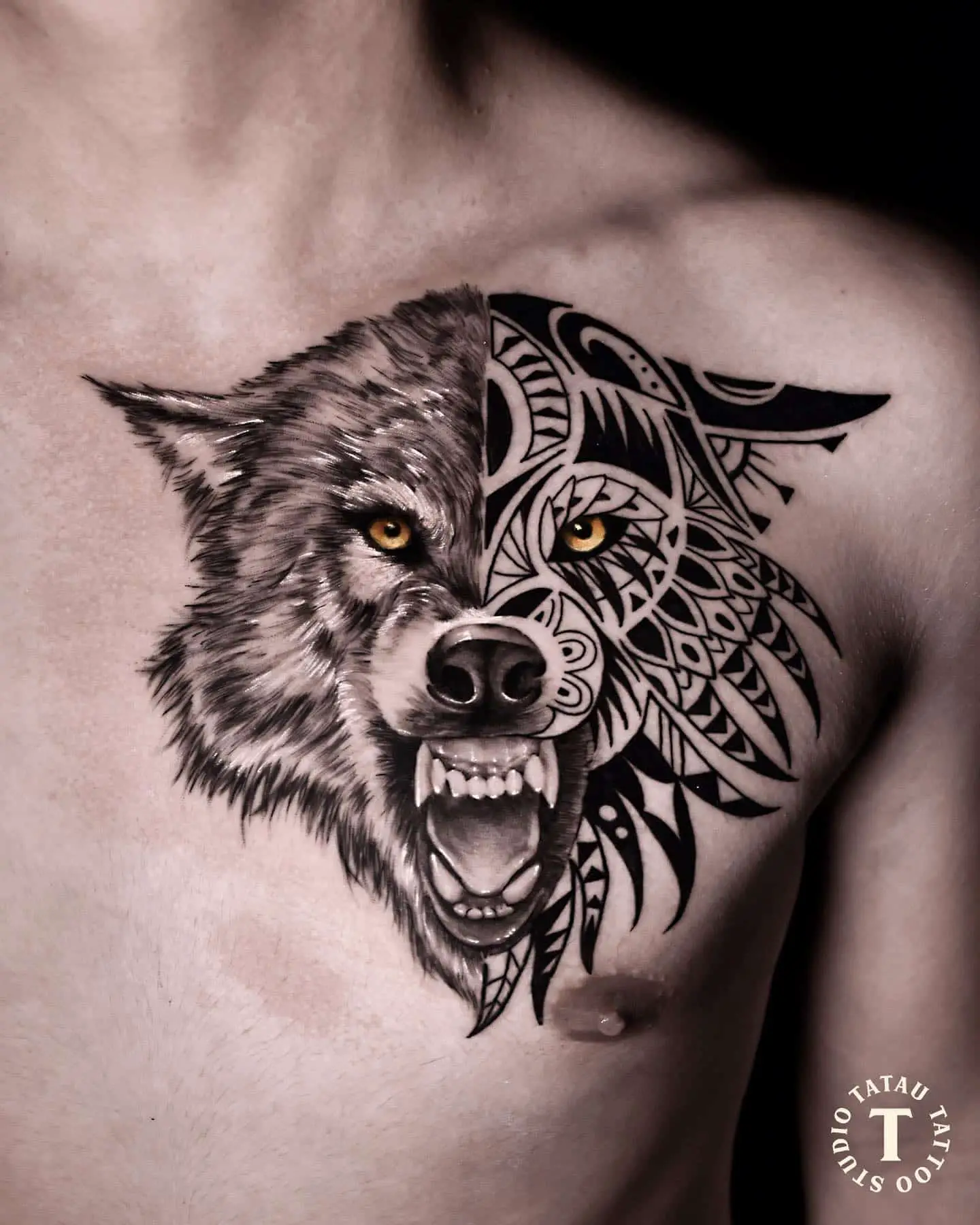 tribal design wolf on chest 