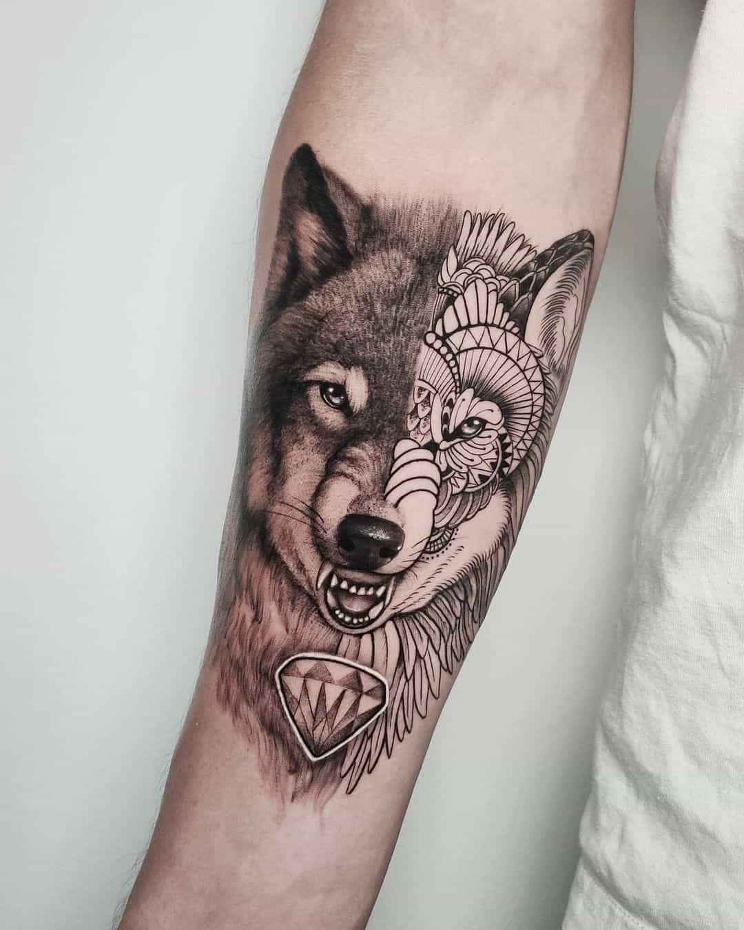 mandala style wolf face tattoo by ironinktattoo