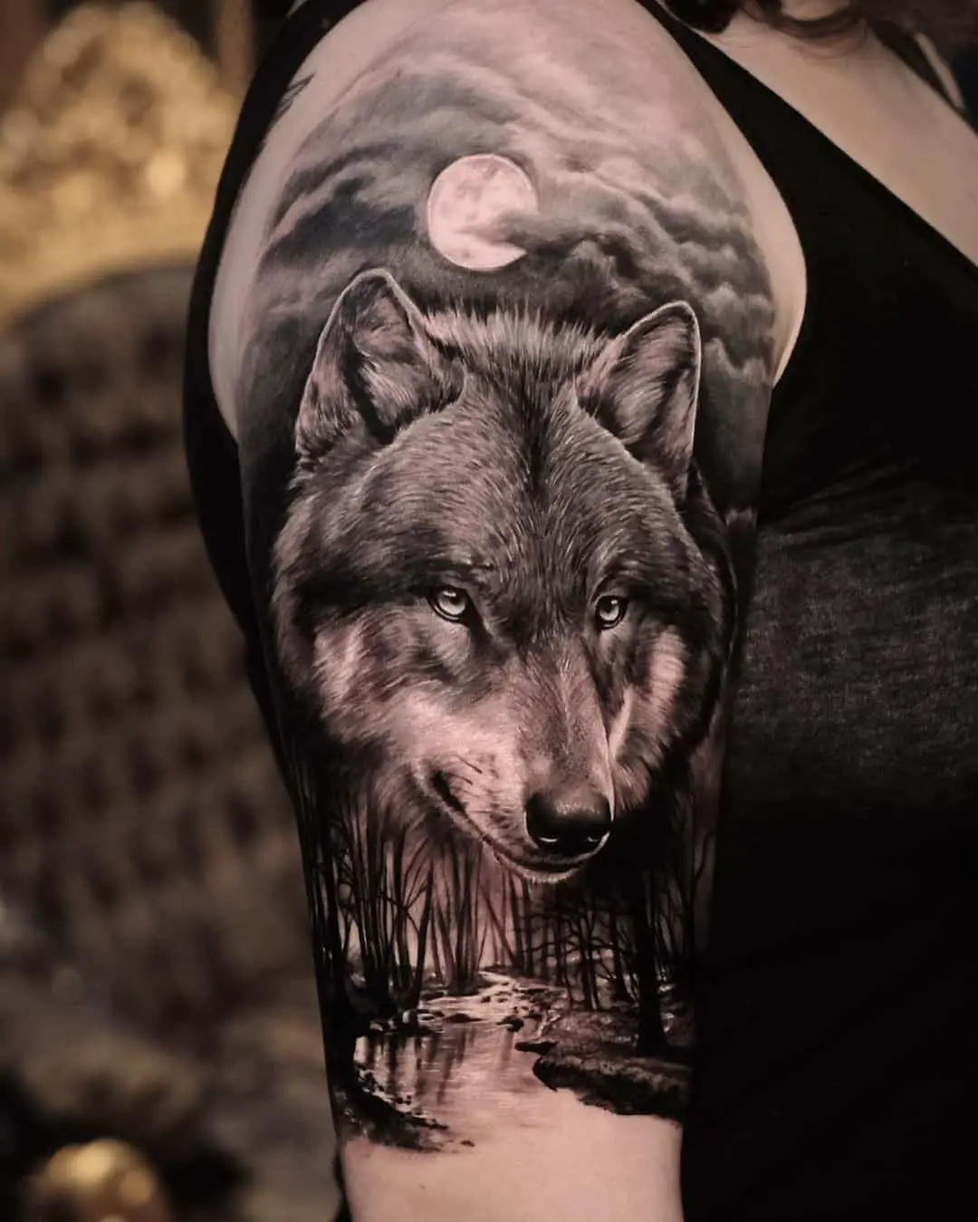 moon and wolf tattoo on arm by netocoutinhotattoo