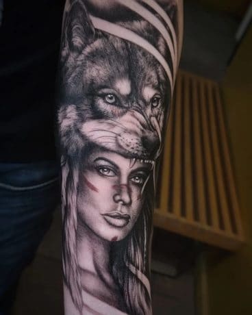native american wolf tattoo by desv.tattoos