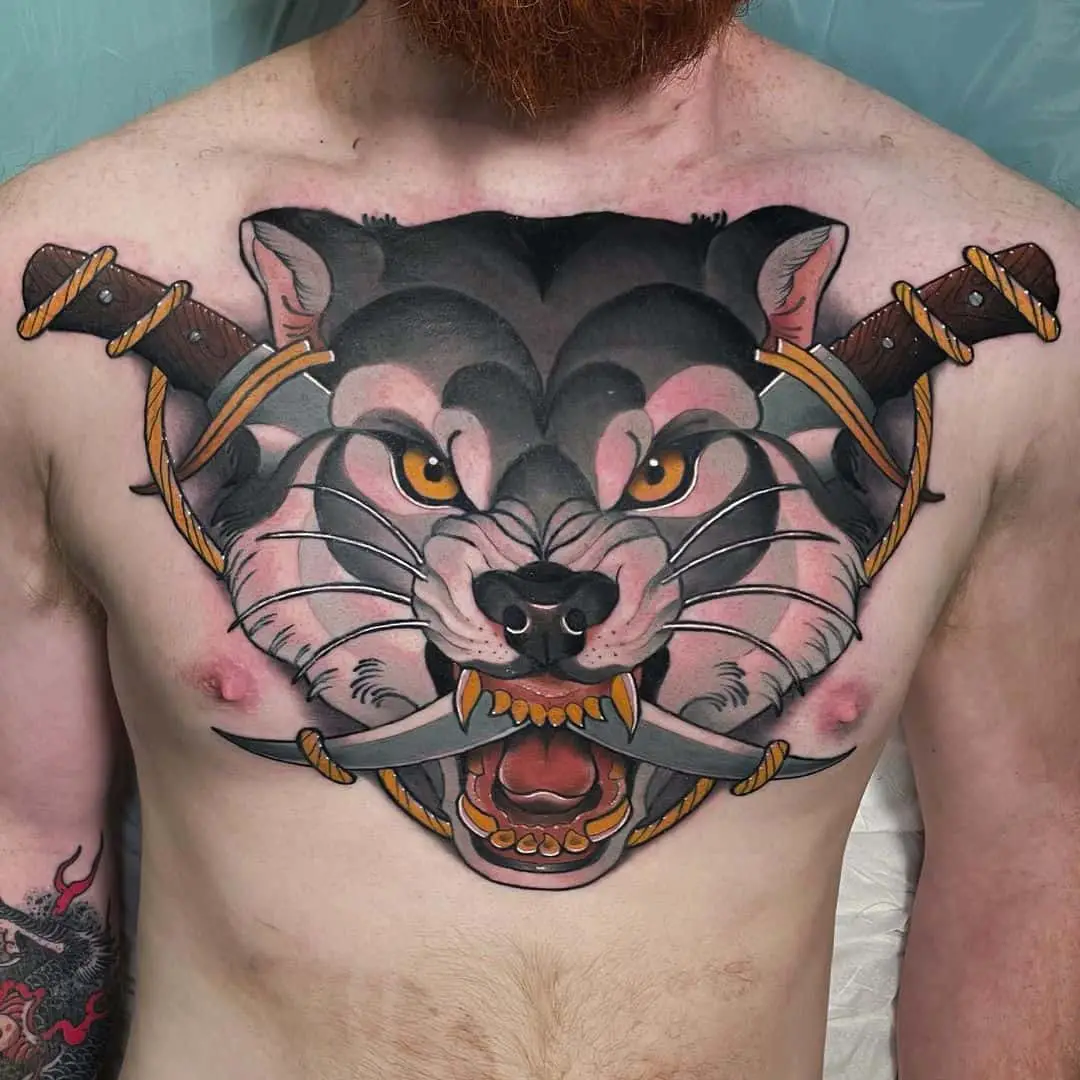 neo traditonal wolf chest tattoo by fraserpeektattoo