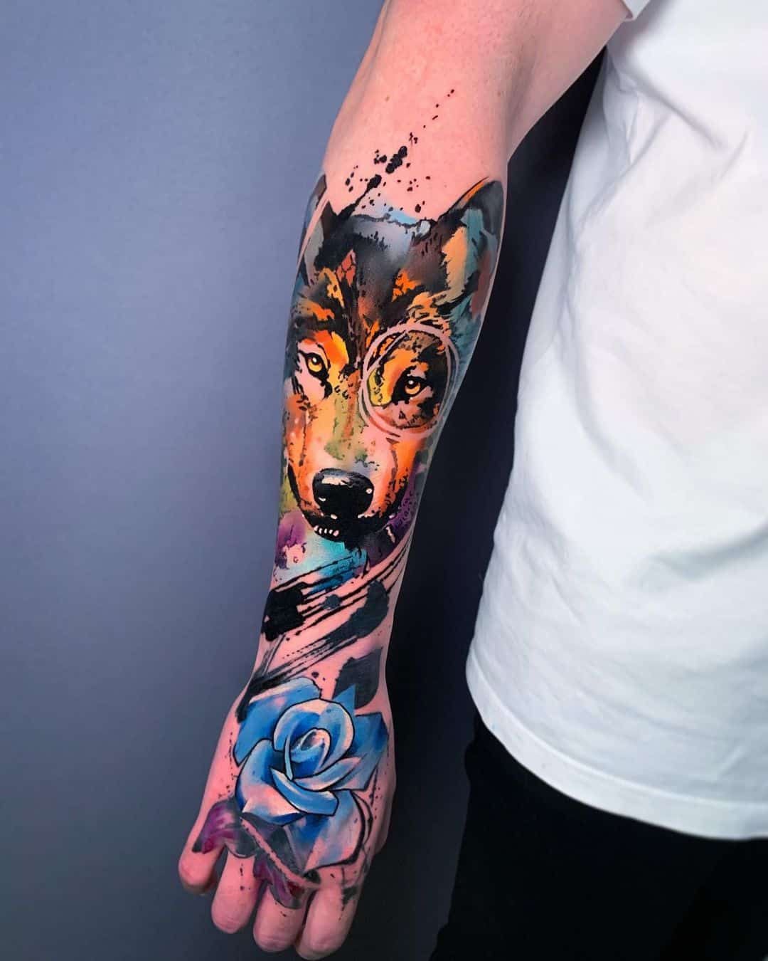 pablo ortiz tattoo water color wolf tattoo on forearm