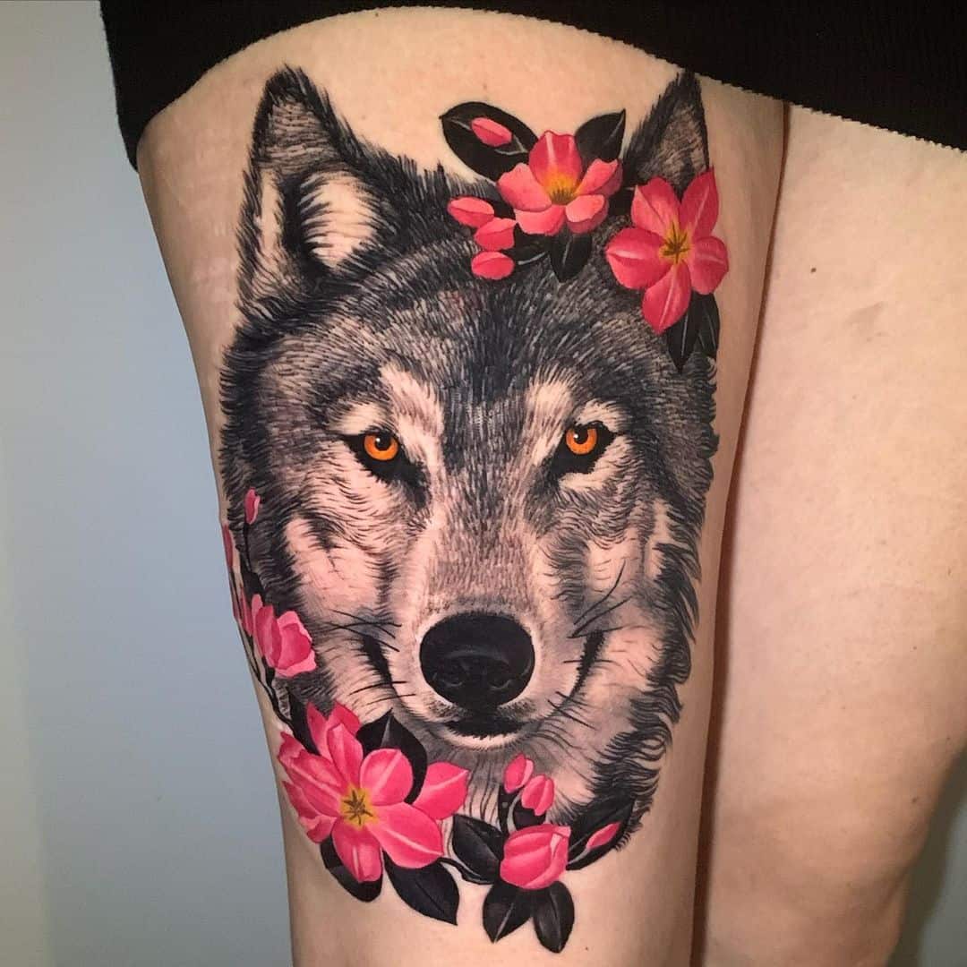 rhysdogtattoowolf face tattoo on thigh