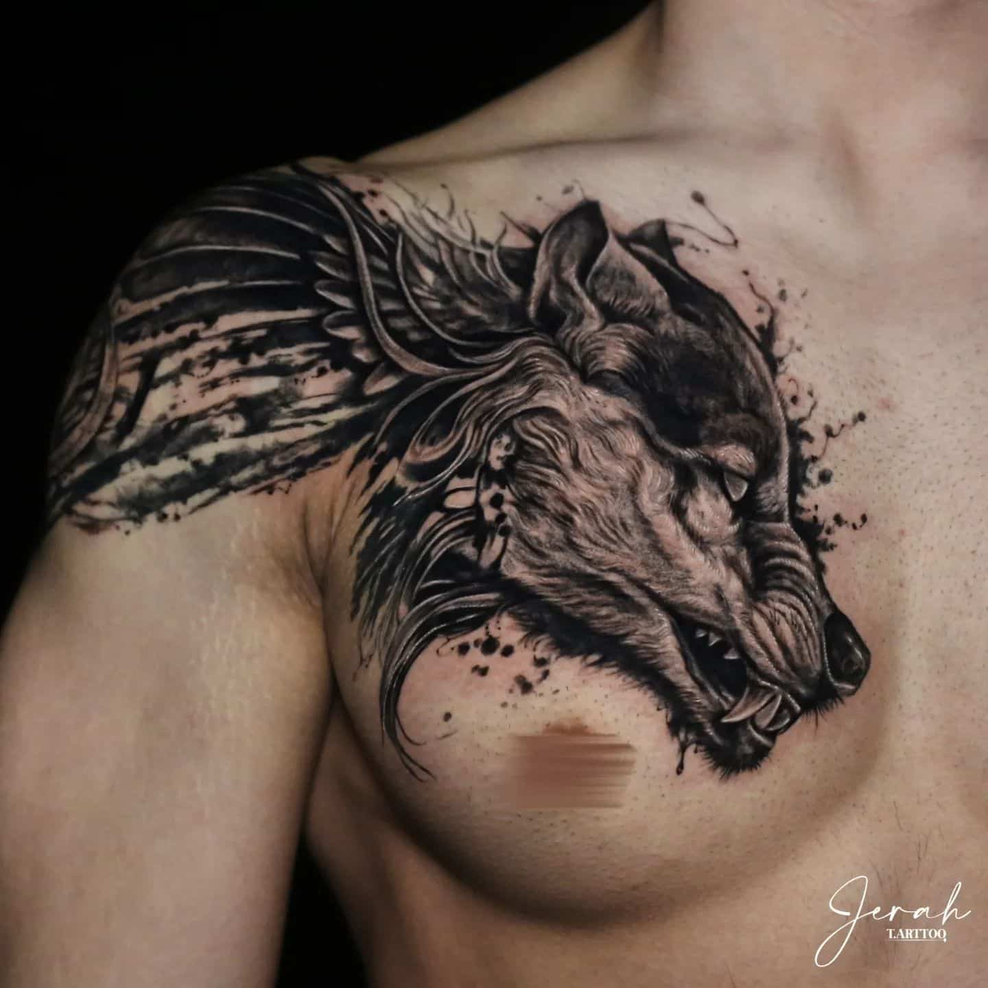 snarling black work wolf tattoo