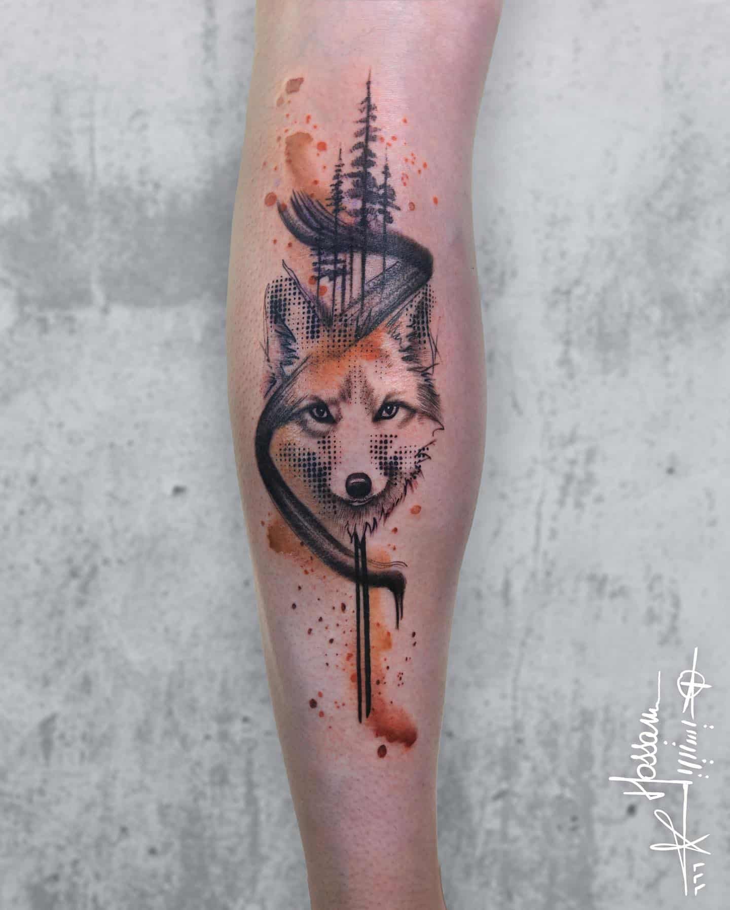 stroke style tattoo of wolf face by hossam.tattoos