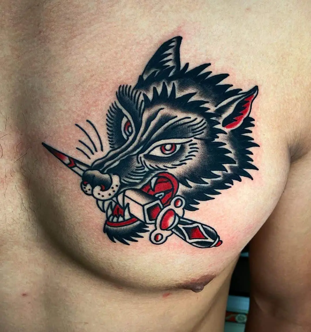 traditional wolf and dragger tattoo by victorgonzaleztattoo