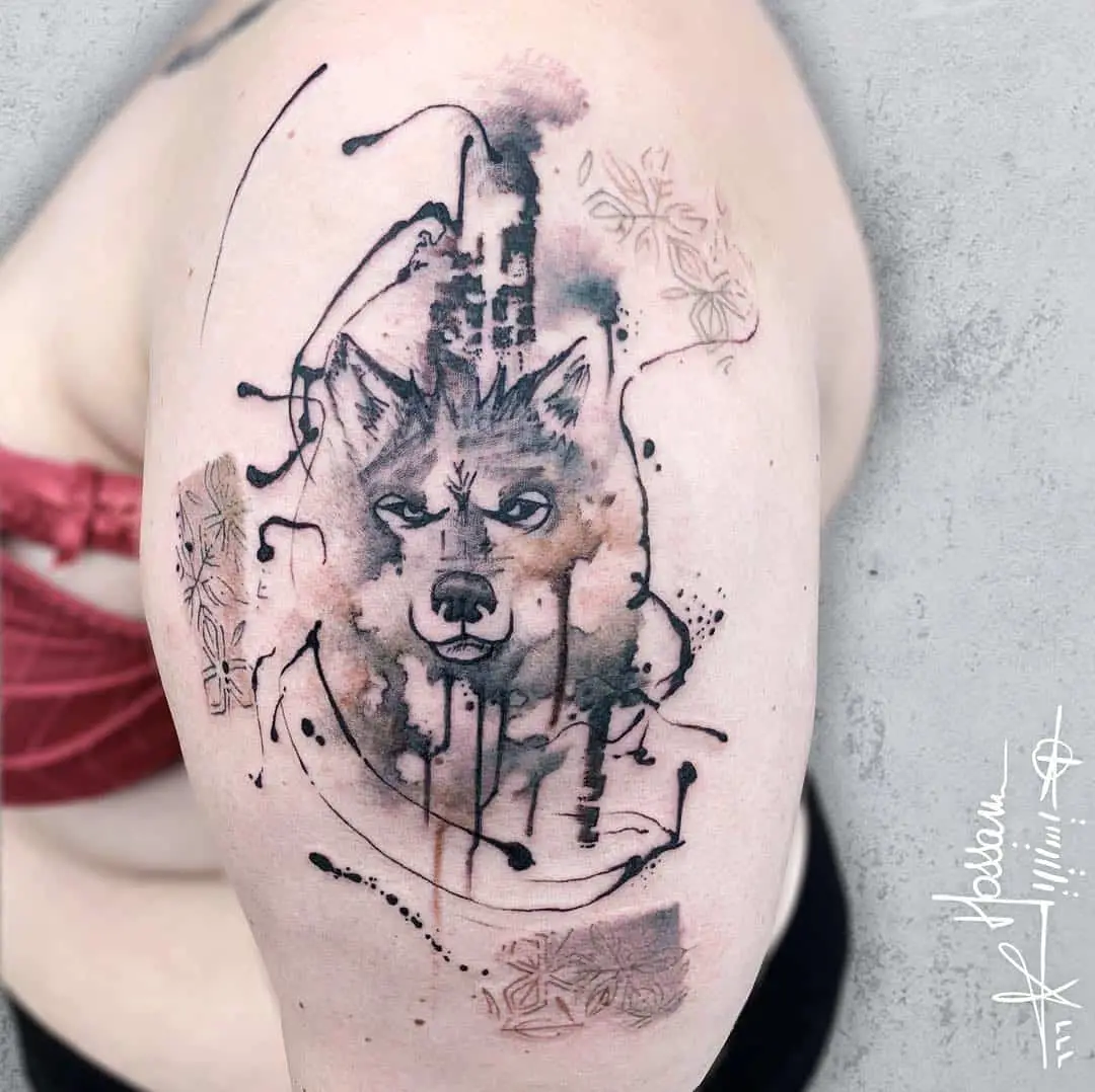 watercolor wolf face tattoo