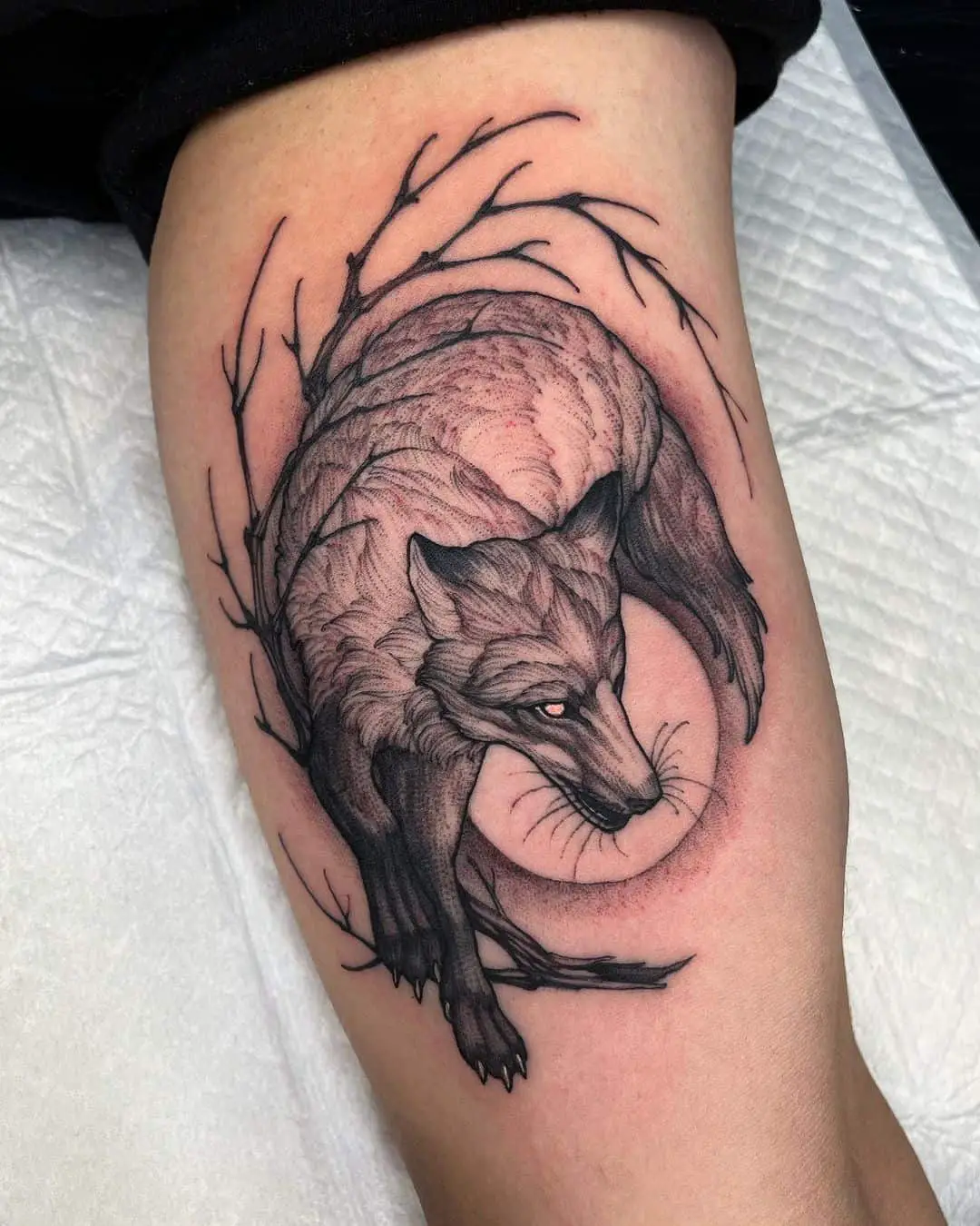 wolf and moon tattoo by swan tattooer