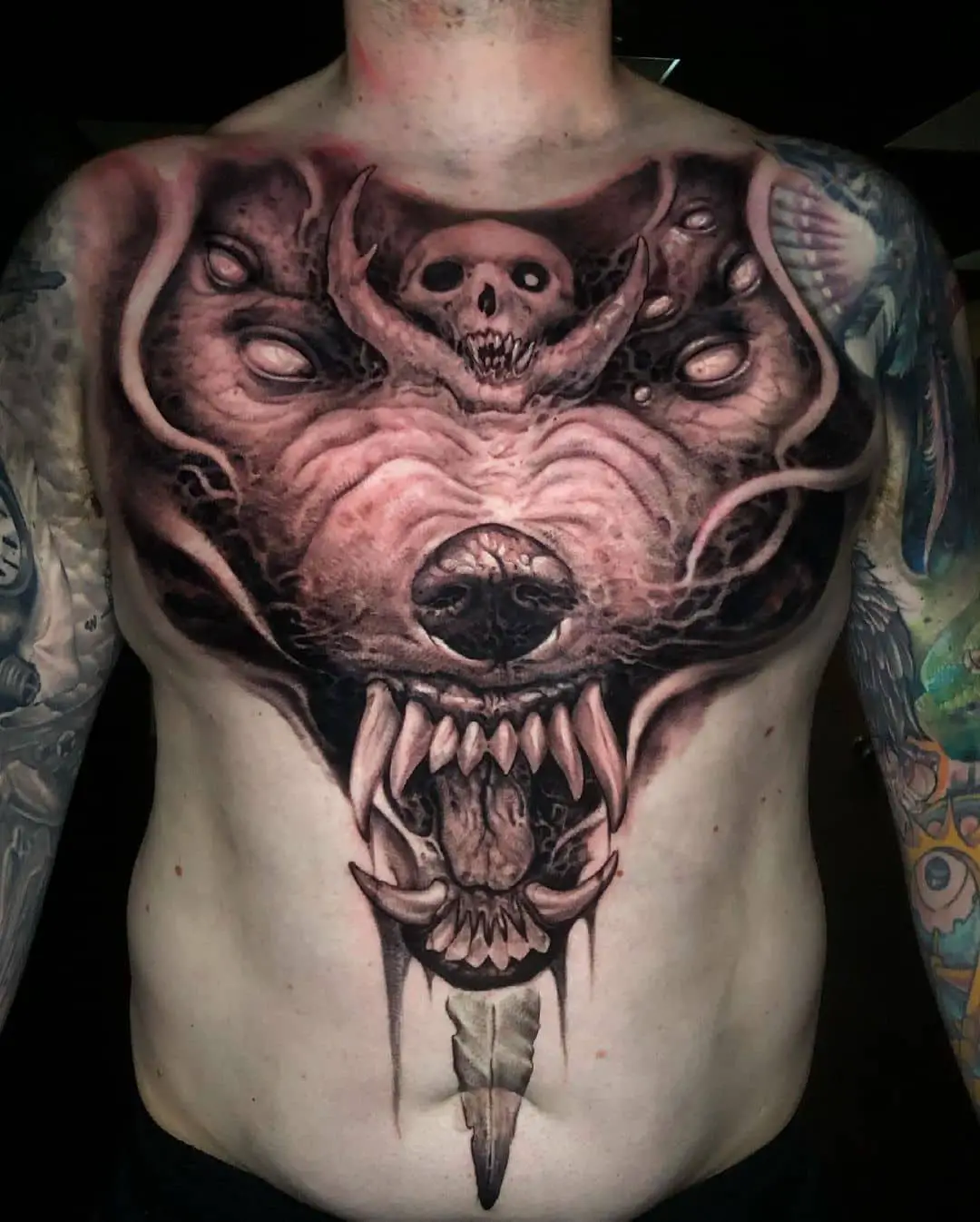 wolf chest tattoo by miguelcamarillo