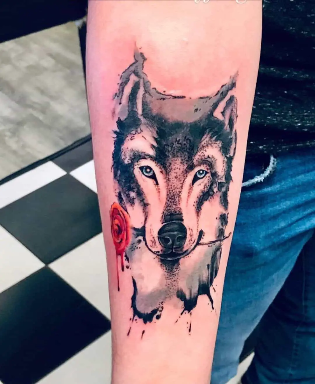 wolf colored tattoo with rose by surrenderbyjorge