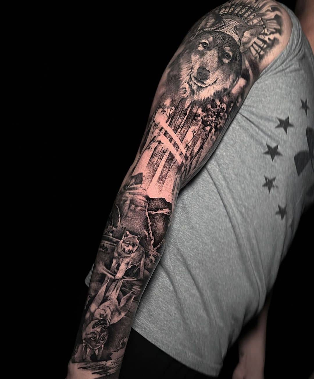 wolf full sleeve tattoo by sketchyouone