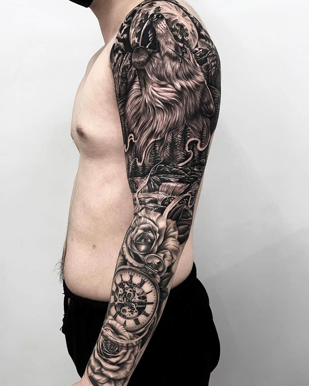 wolf sleeve tattoo by sumok tattooer