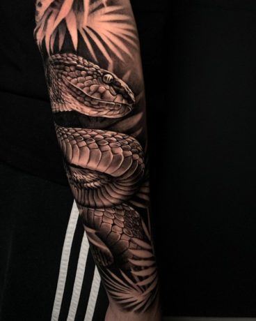 snake realistic sleeve tattoo