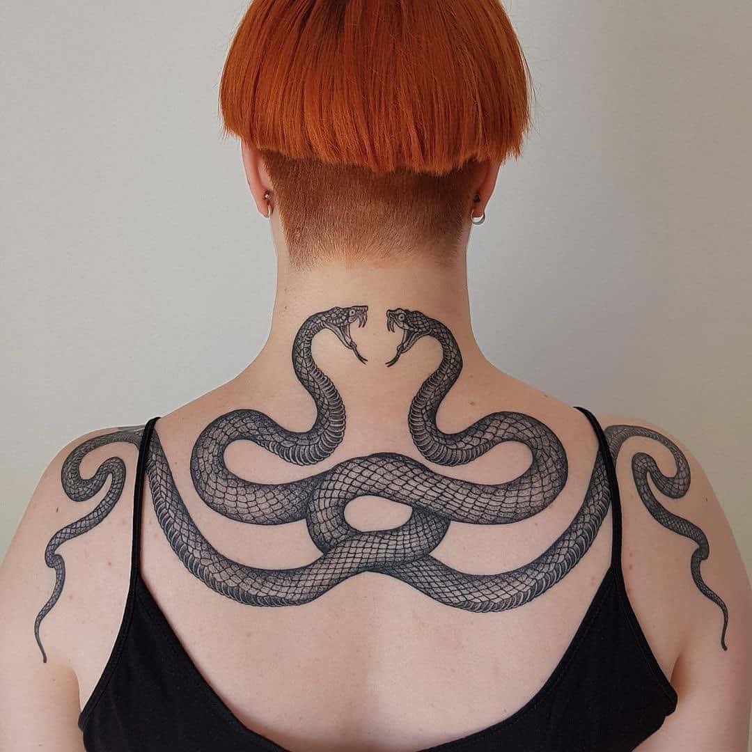 two black snake tattoo on back
