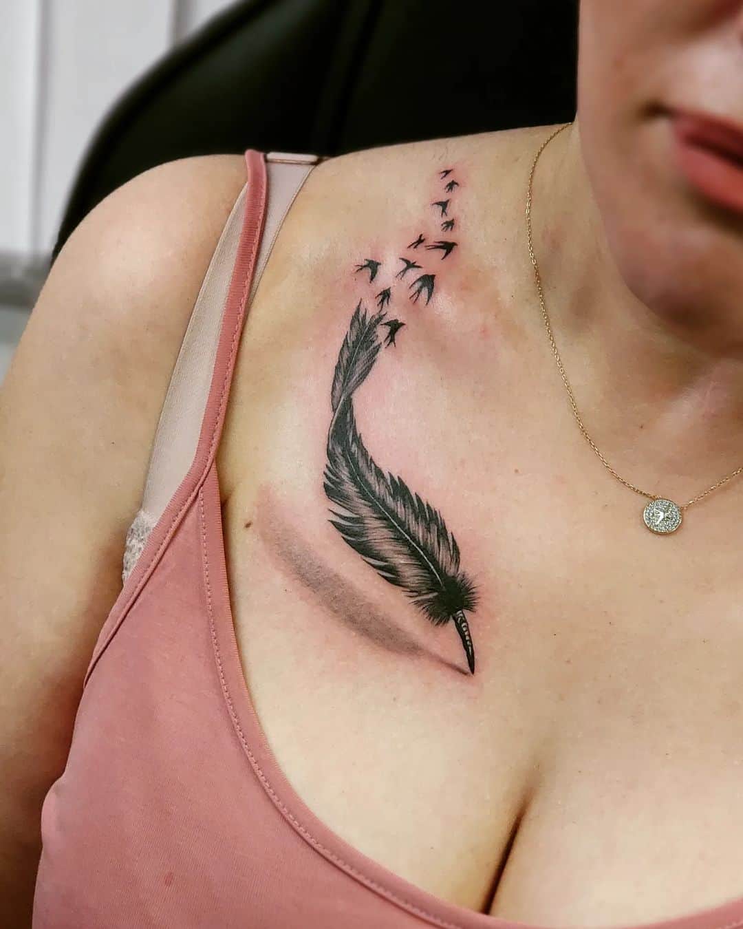 birds flying and feather tattoo on shoulder