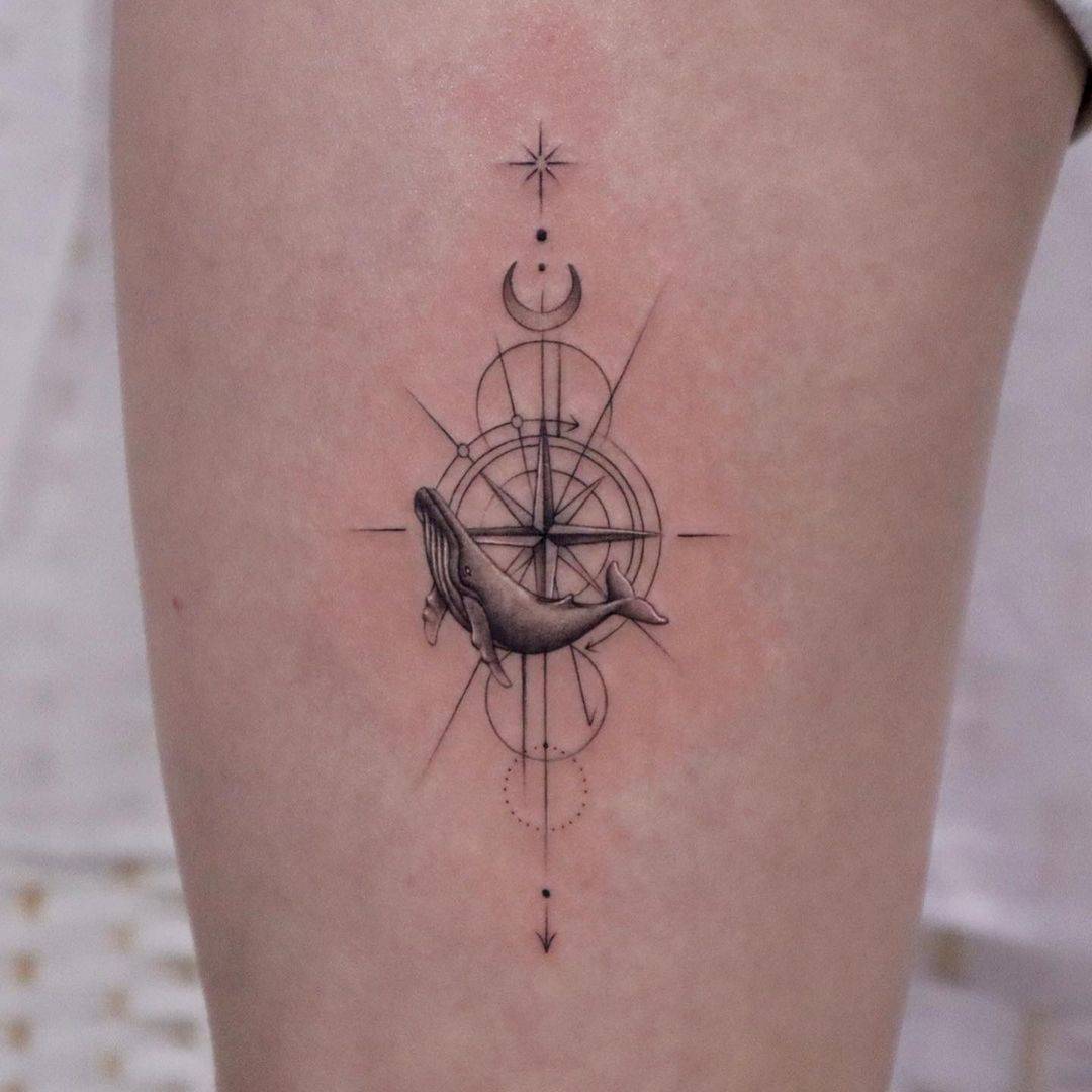 whale and compass tattoo