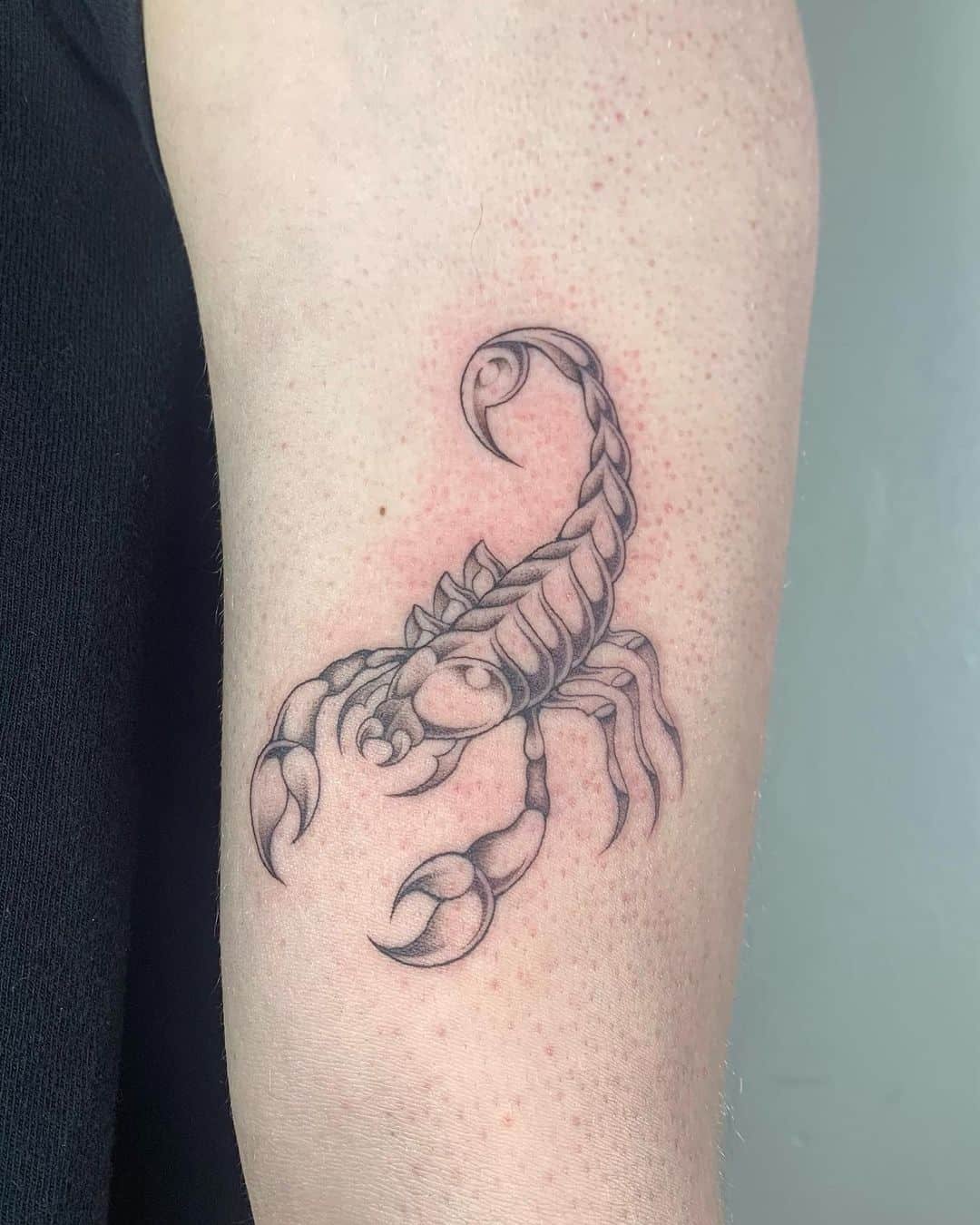 scorpion tattoo on arm by sofia.tats