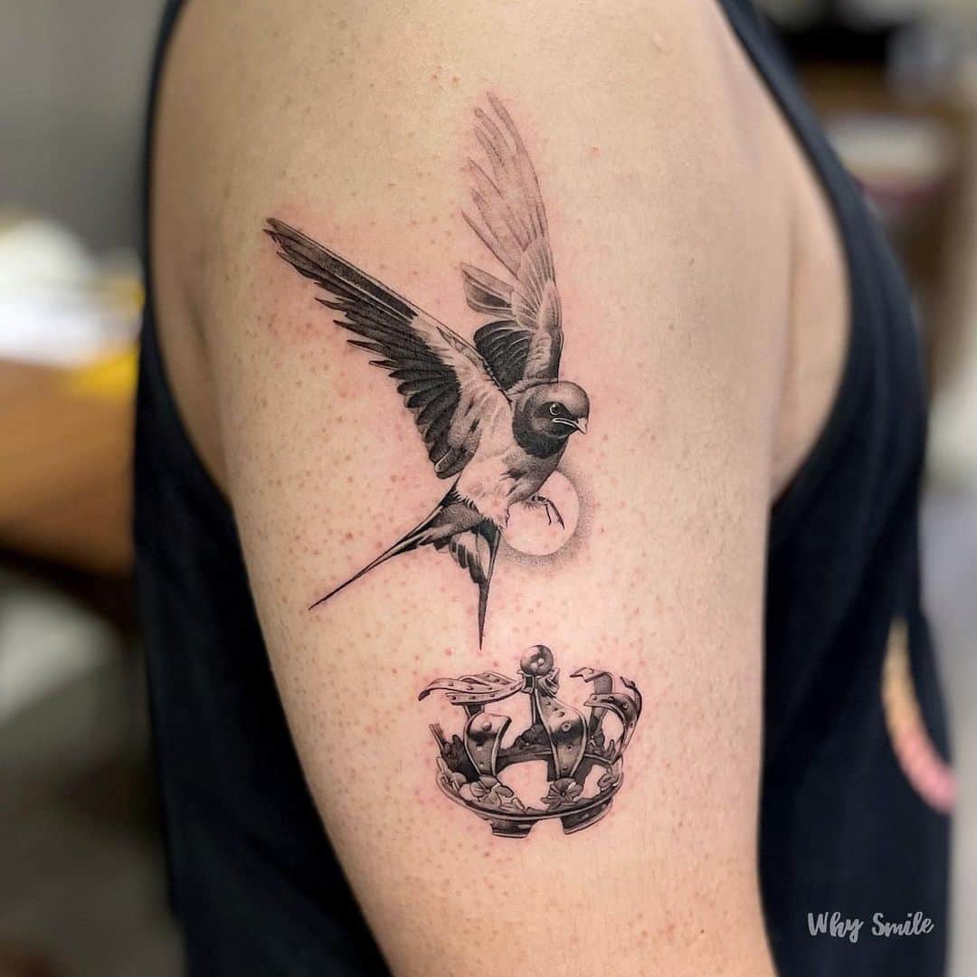 mommy sparrow feeding baby sparrow tattoo on  arm 