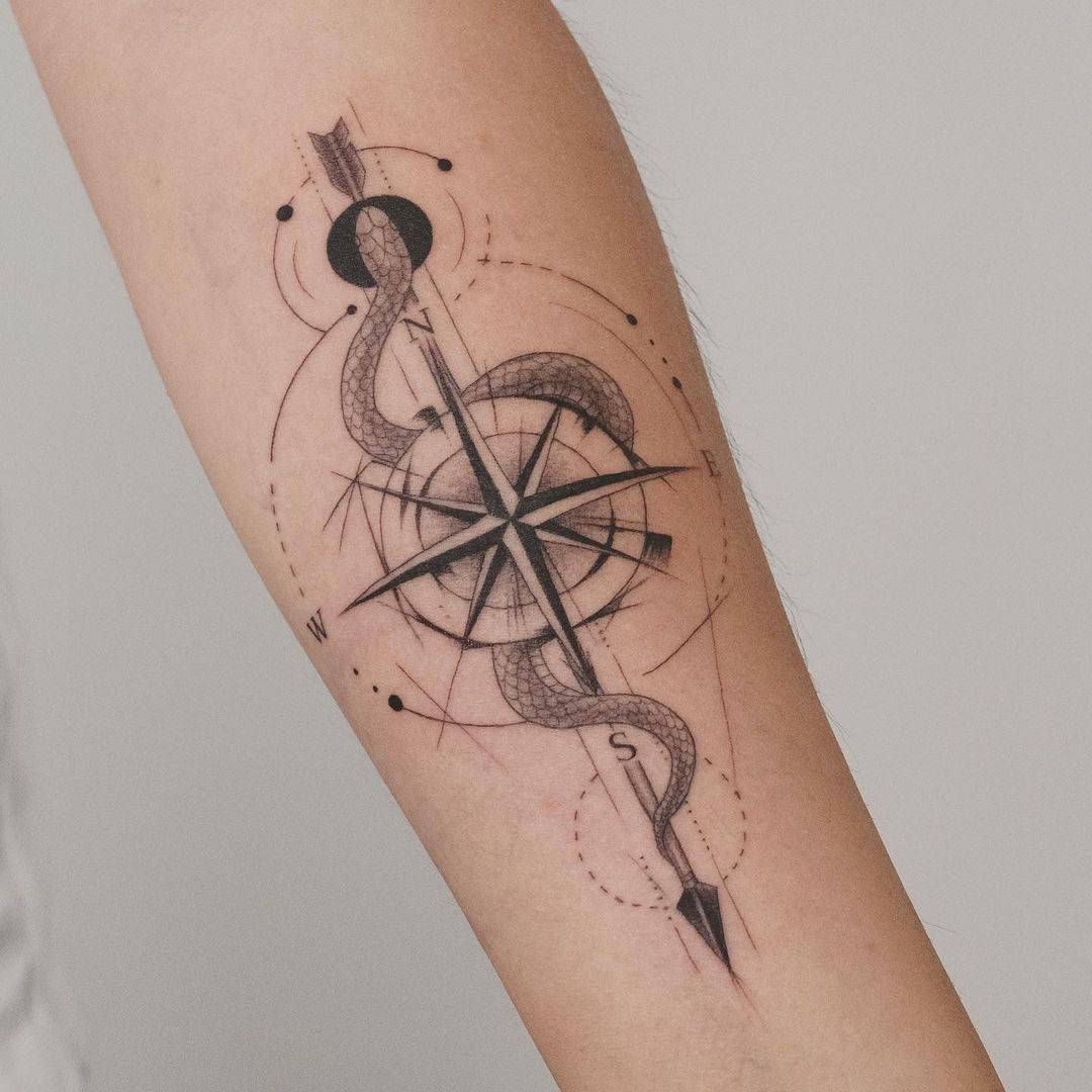 Arrow With Compass Tattoo with snake