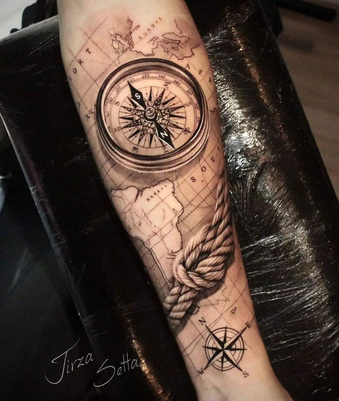 Realistic Drk Ink Compass Tattoo On Forearm