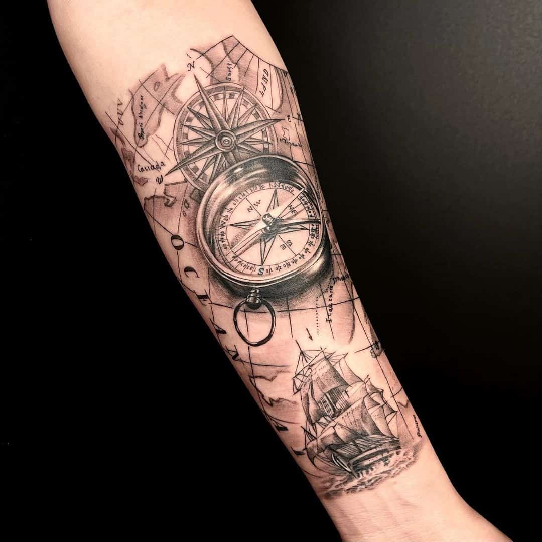 Classic Map and Compass tattoo with ship
