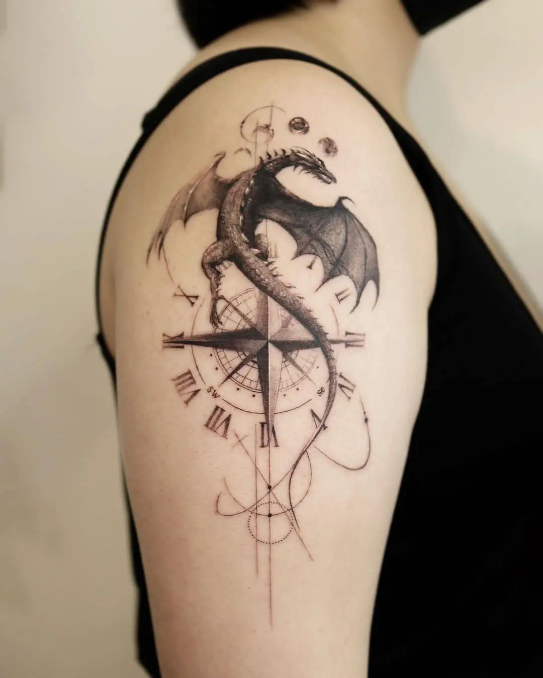 Classic Compass Design Tattoo with dragon