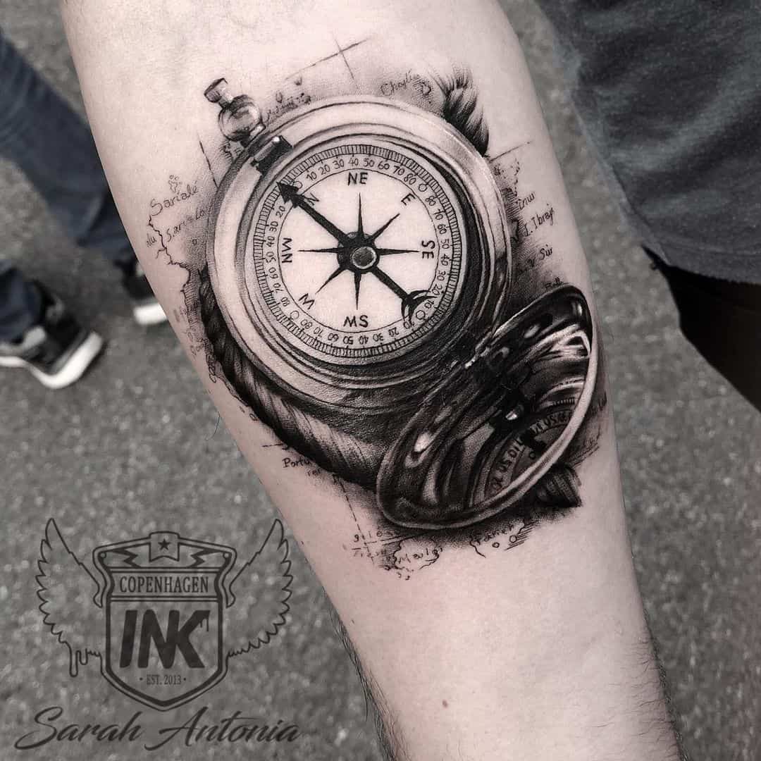 Classic black and grey Compass Design Tattoo