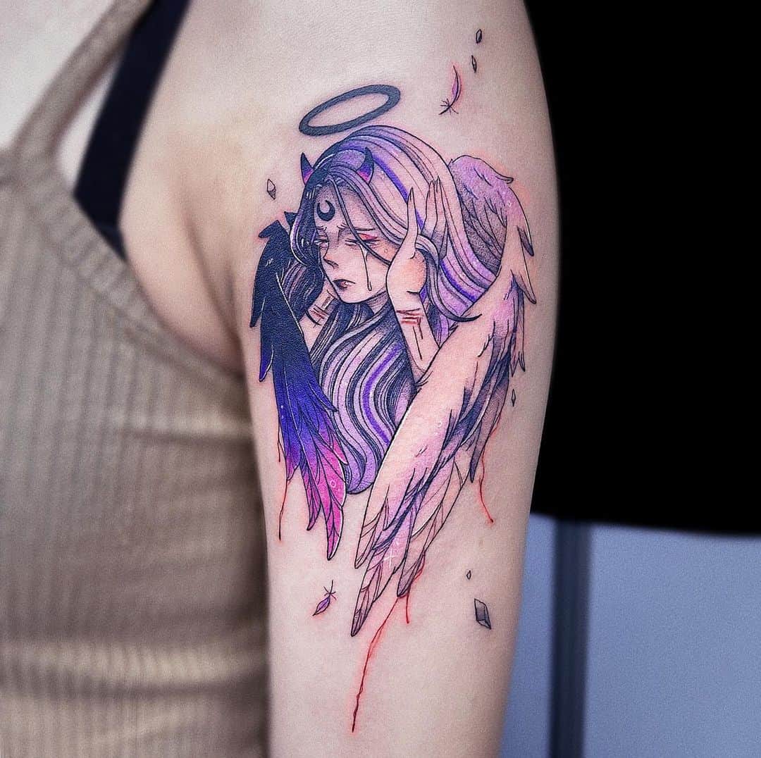 Angel wing colorful tattoo