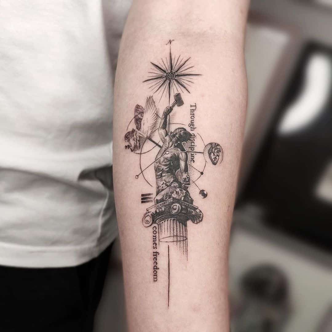Compass Forearm Tattoo with statue