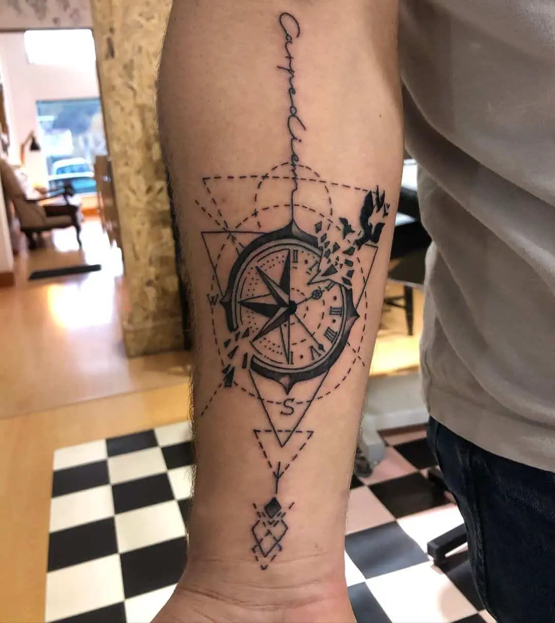 Black and grey Geometric Compass tattoo