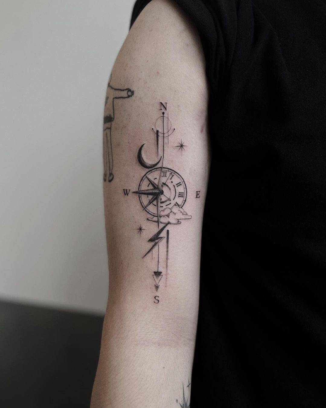 Geometric Compass tattoo with moon and star