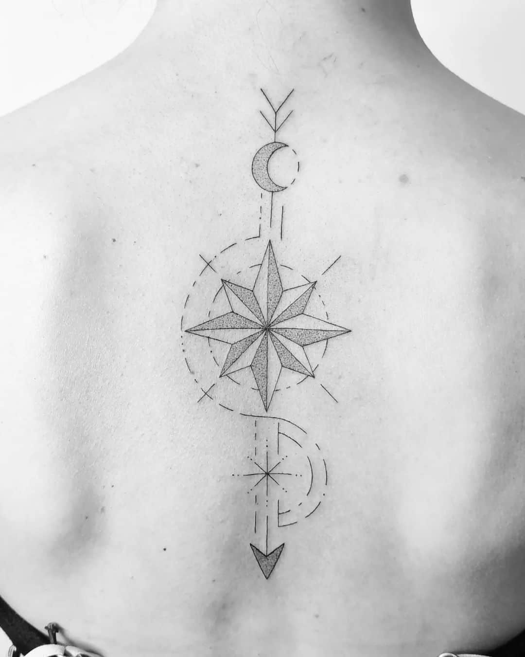 Geometric Compass tattoo on back