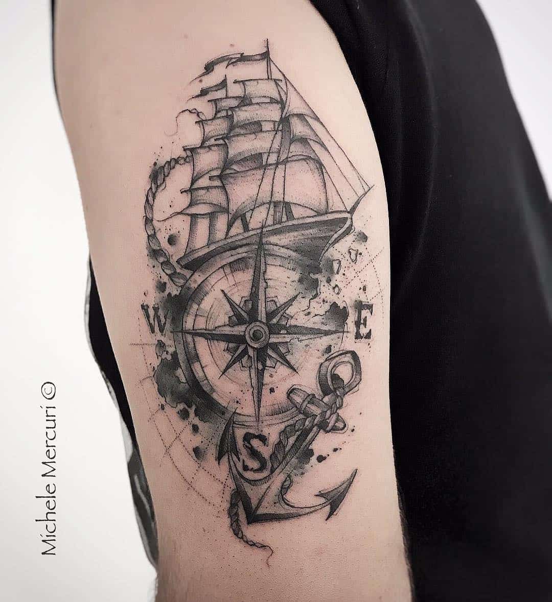 Ship and Compass Tattoo art