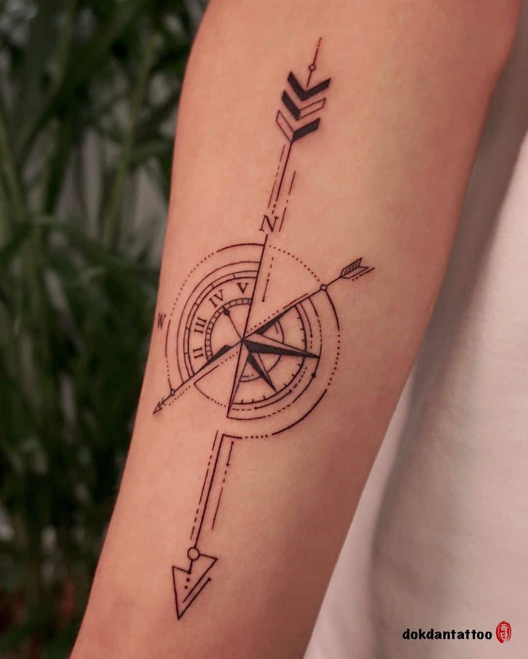Squiggly Line Compass and Clock Tattoo