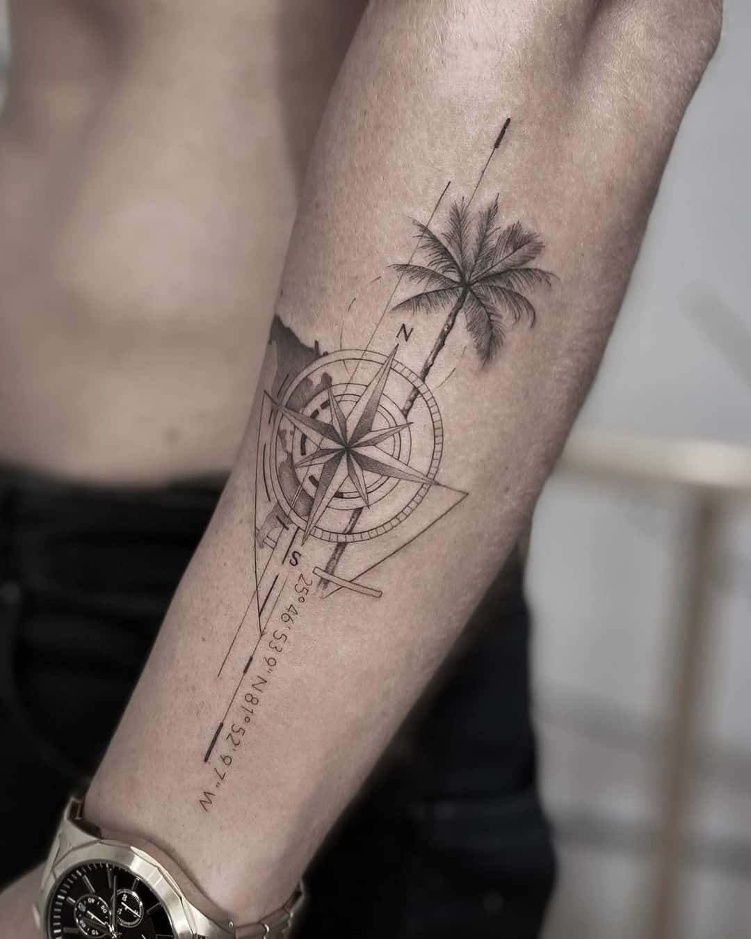 Squiggly Line Compass Tattoo with coconut tree
