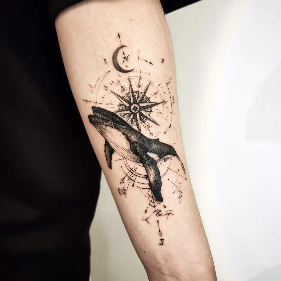 Travelling Compass Tattoo with whale