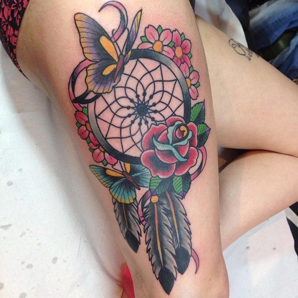 Traditional Dream Catcher Tattoo with Butterfly